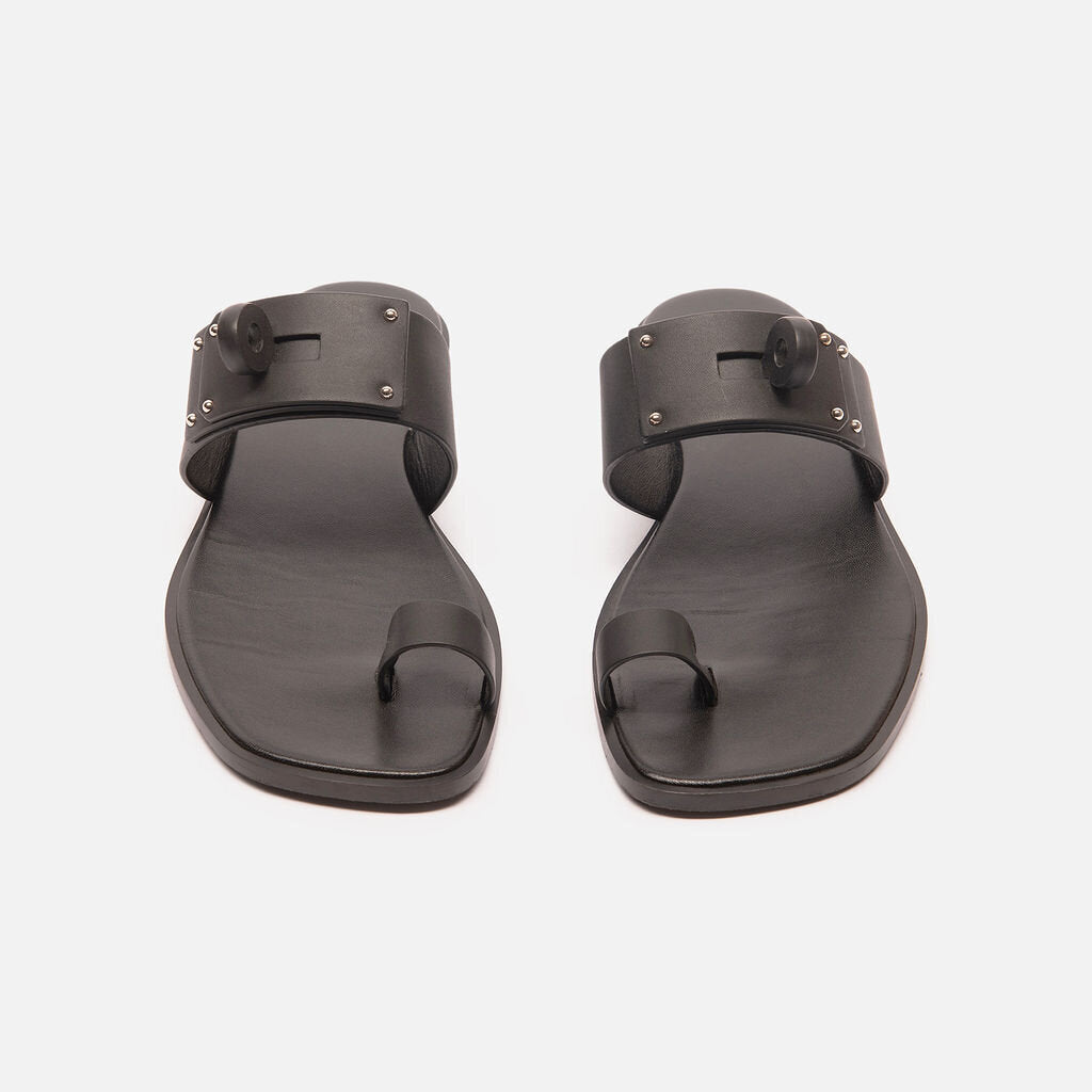 Hermes All Black Leather Turnlock Sandal