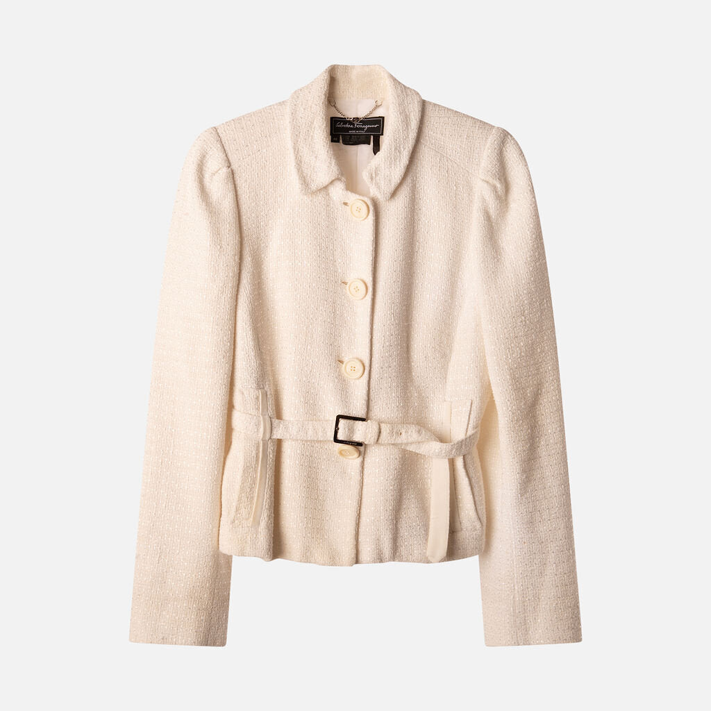 Ferragamo Cream Cotton & Rayon Belted Blazer