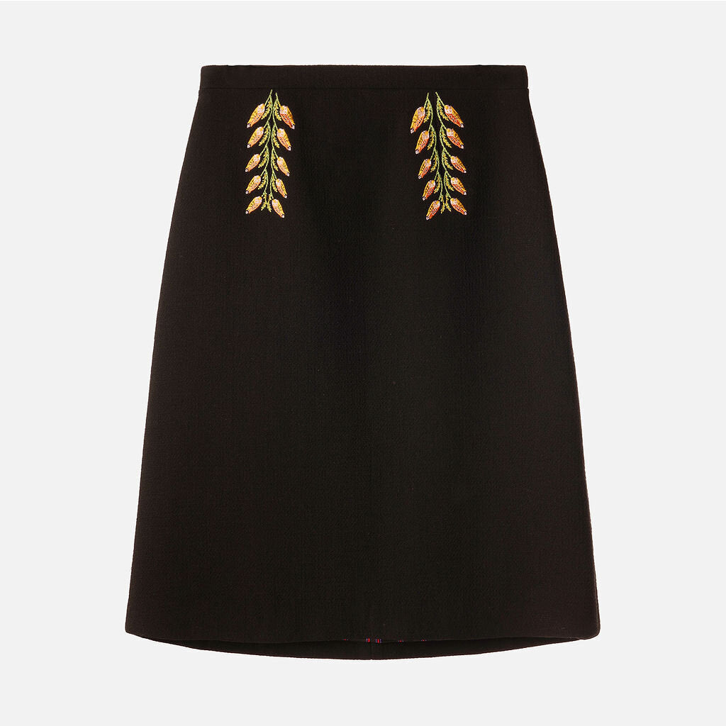 Etro Black Wool Blend Embroidered Pencil Skirt