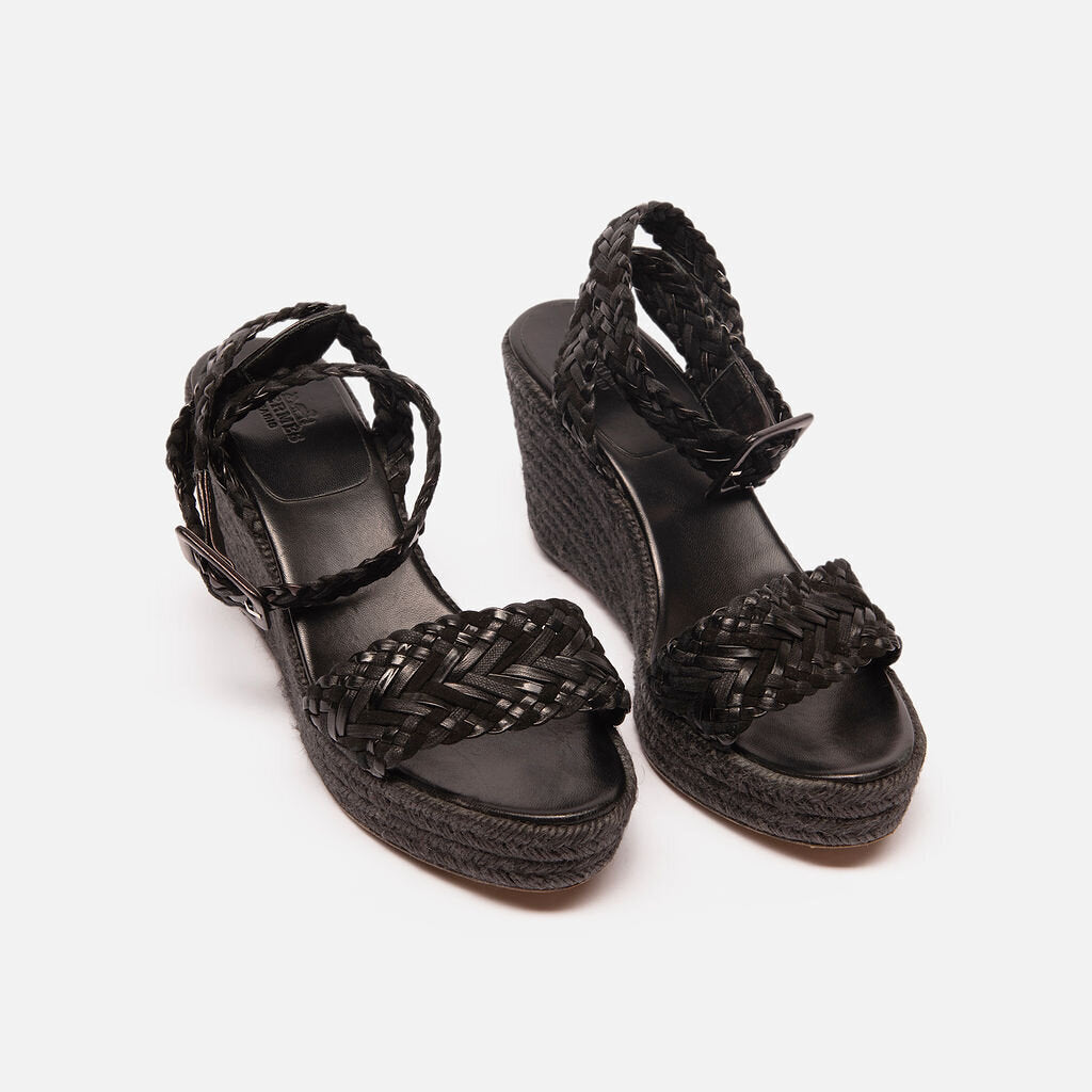 Hermes Black Leather Espadrille Wedge