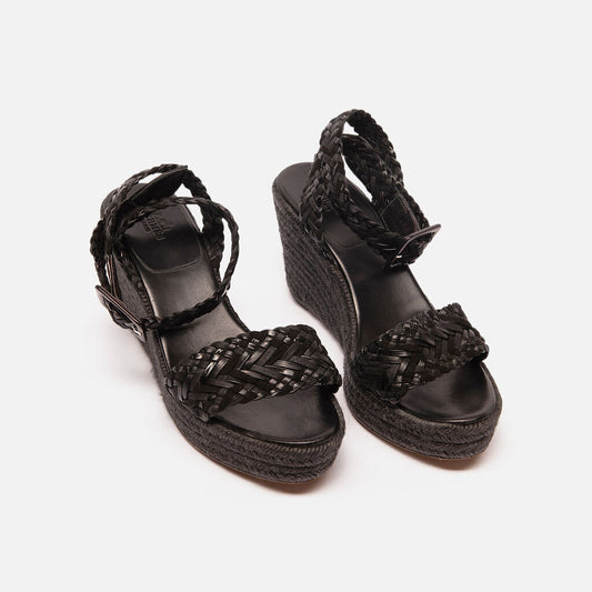 Hermes Black Leather Espadrille Wedge
