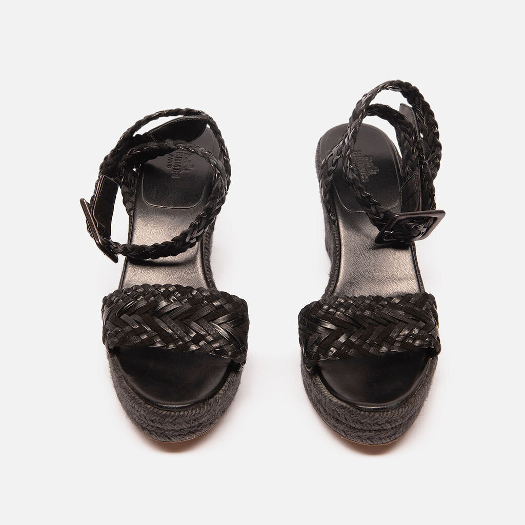 Hermes Black Leather Espadrille Wedge