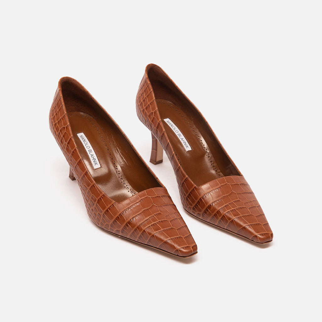 Manolo Blahnik Brown Croc Embossed Pumps