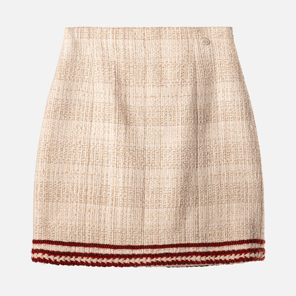 Chanel Beige Tweed Mini Skirt w/ Red Trim