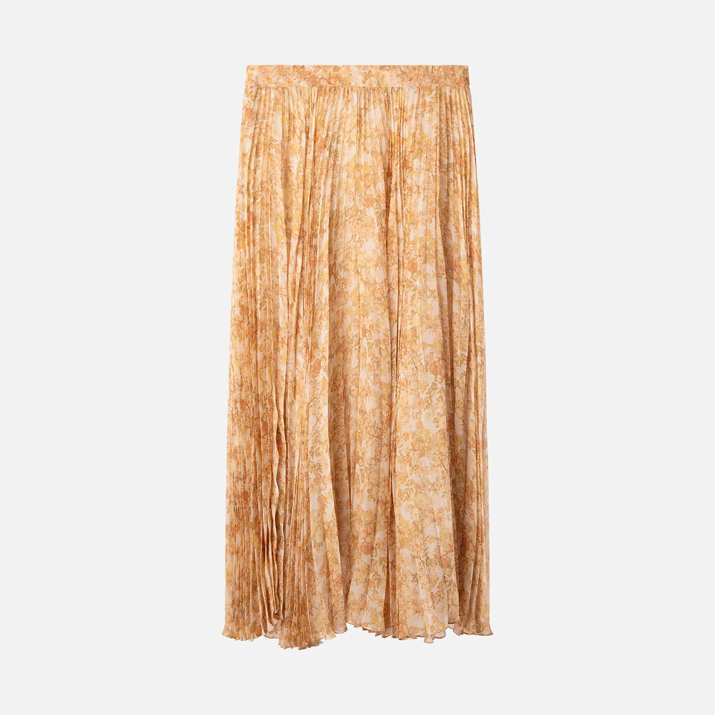 Celine Cream Floral Print Pleated Midi Skirt