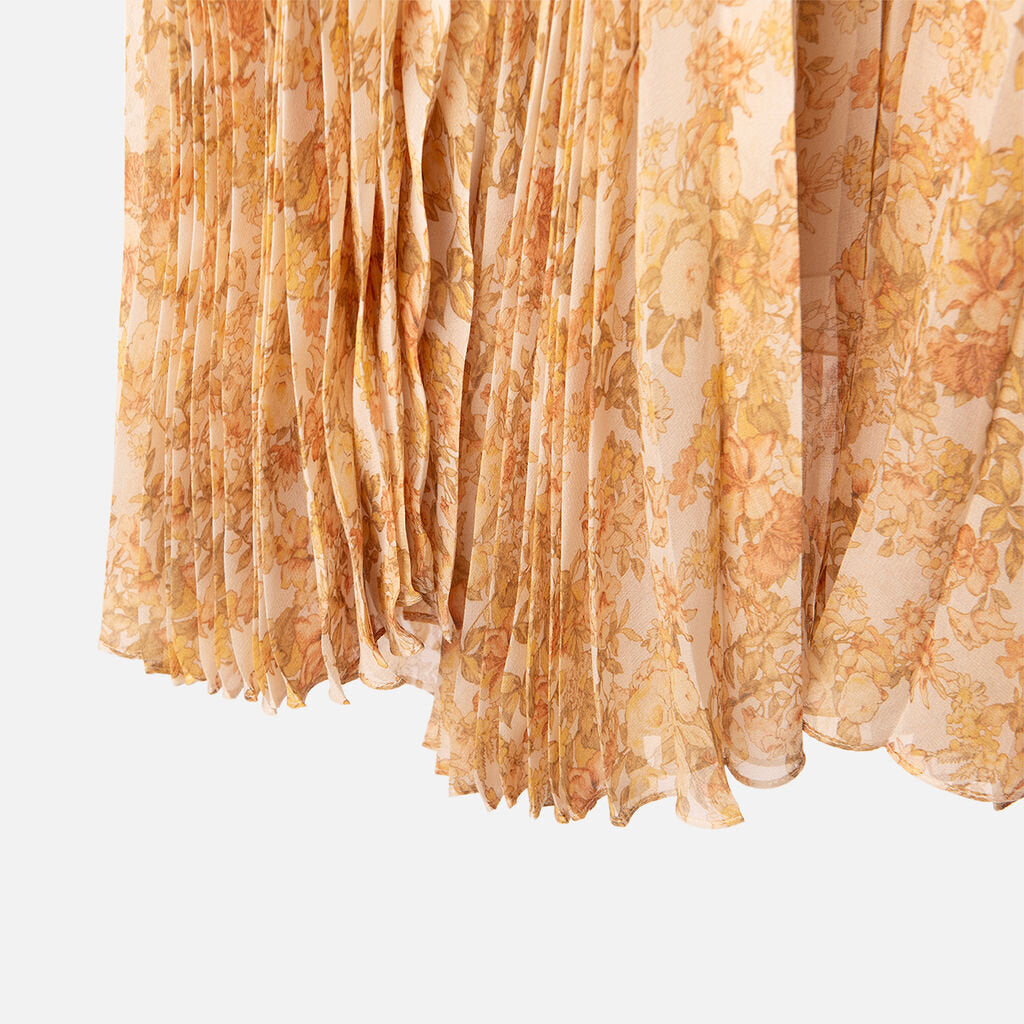 Celine Cream Floral Print Pleated Midi Skirt