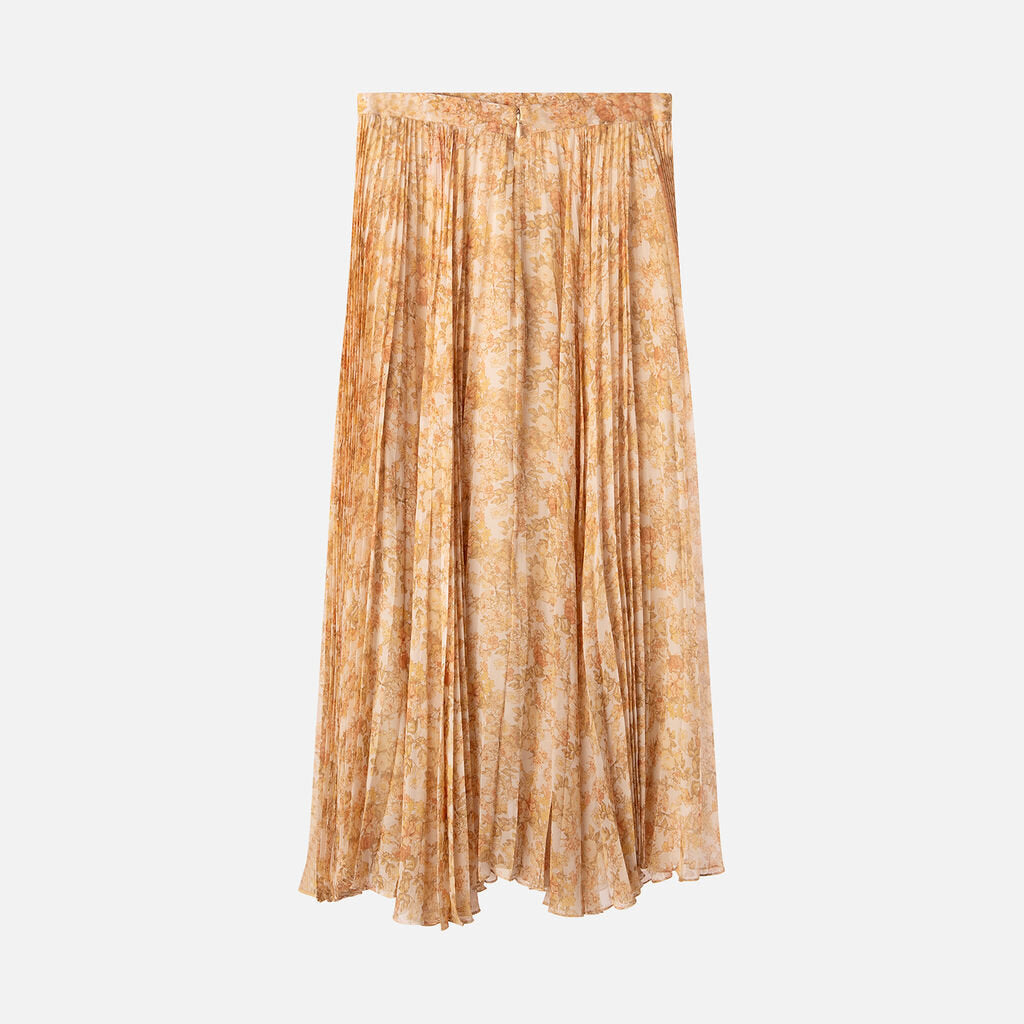 Celine Cream Floral Print Pleated Midi Skirt