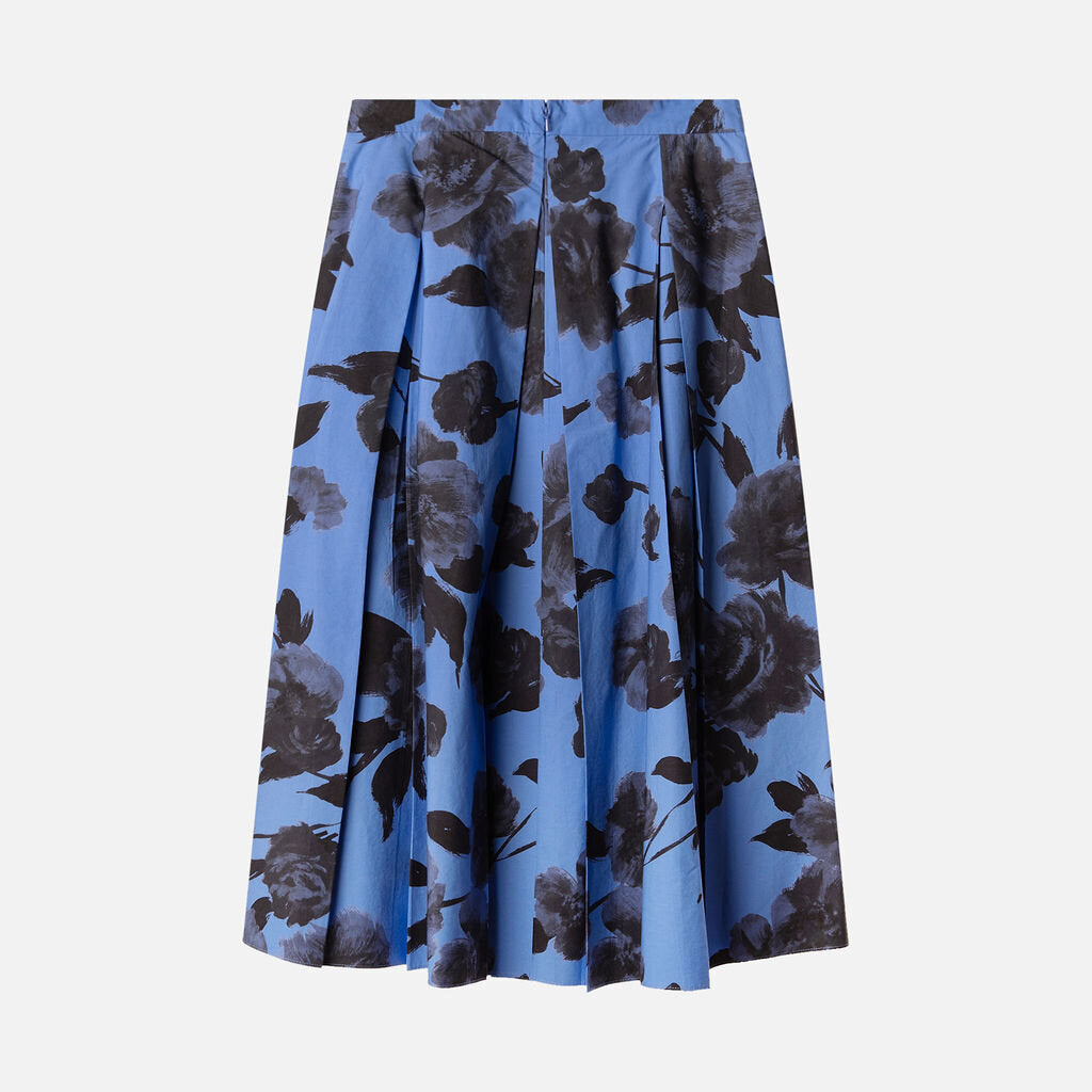 Erdem Blue Floral Cotton Pleated Midi Skirt