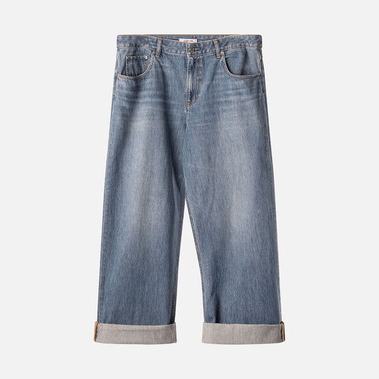 Helmut Lang Medium Wash Denim Zip Wide Leg Jean