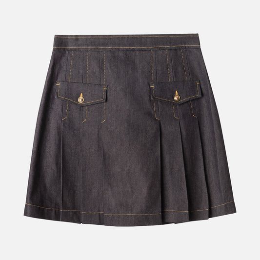 Sandro Dark Wash Denim Two Pocket Pleated Skirt