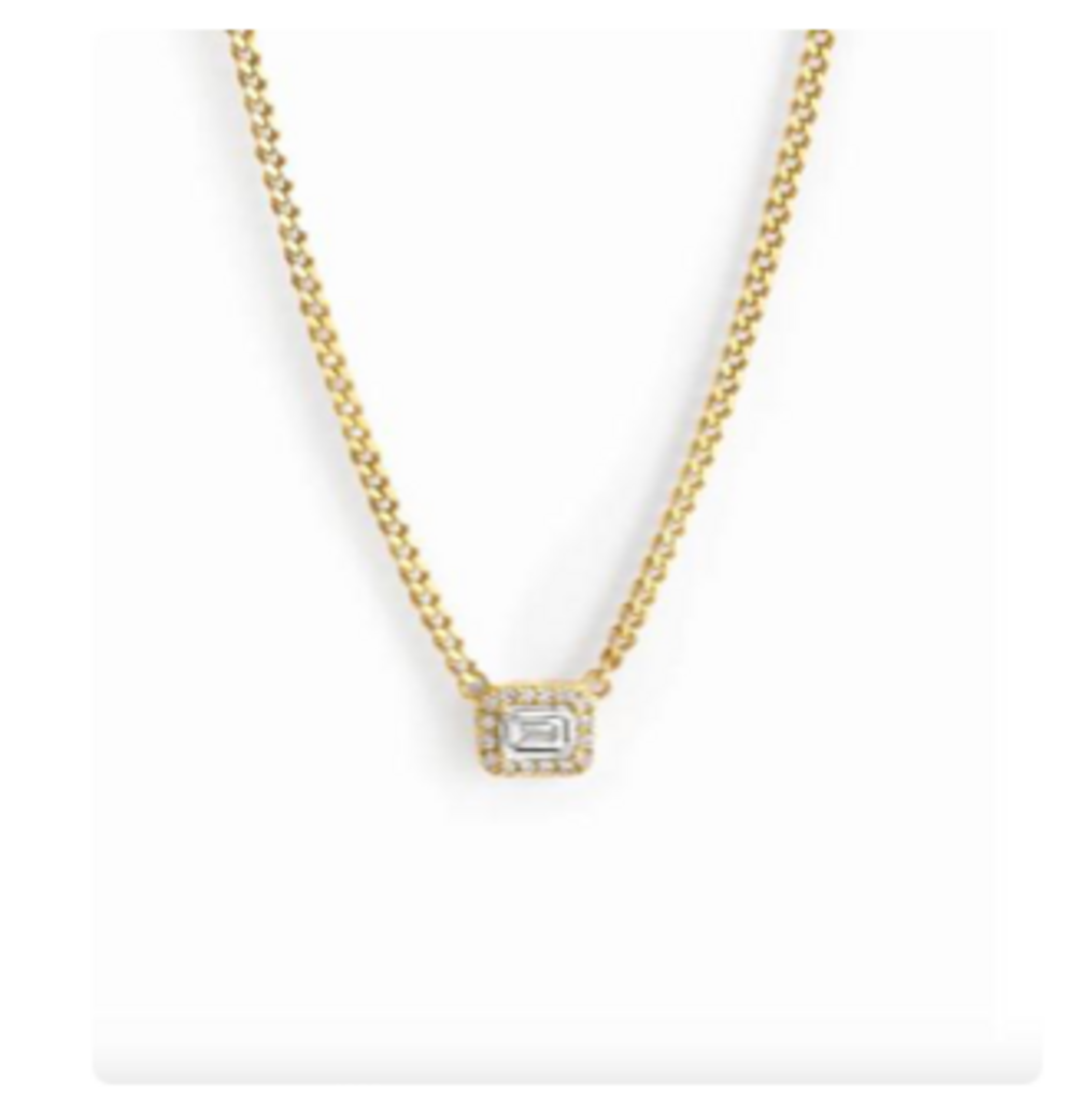HALO EMERALD CUT NECKLACE ON CUBAN CHAIN YG 16'