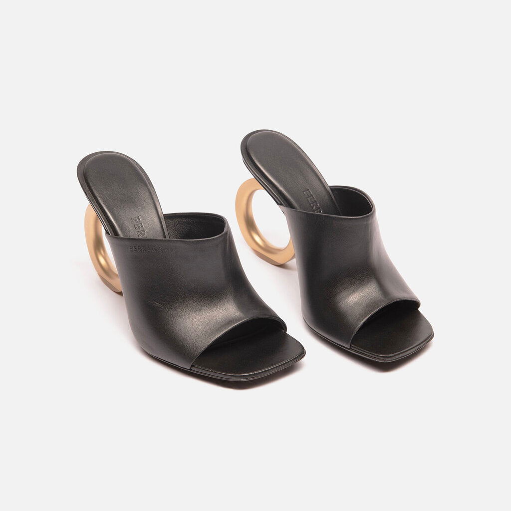 Ferragamo Black Leather Mule with Gold Sculpted Heel
