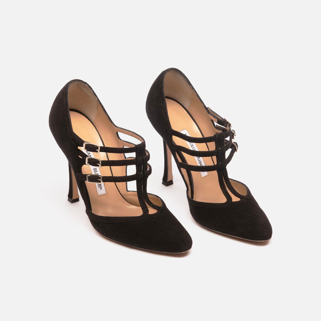 Manolo Blahnik Black Suede Strap Pump
