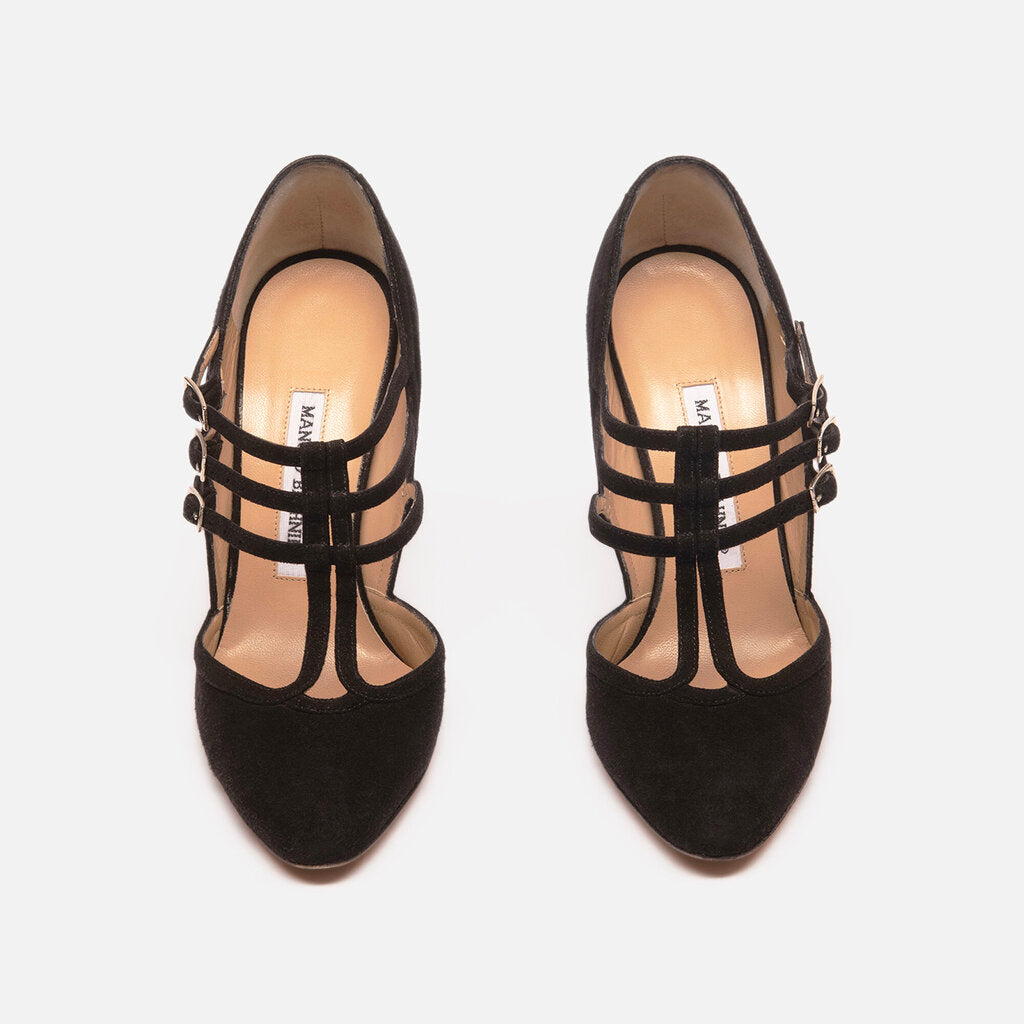 Manolo Blahnik Black Suede Strap Pump