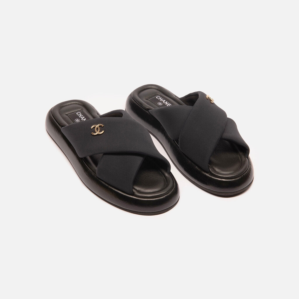 Chanel Black Leather & Neoprene Soft Cross Slide