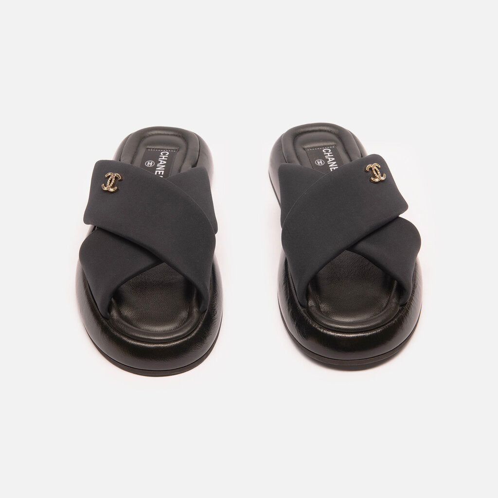 Chanel Black Leather & Neoprene Soft Cross Slide