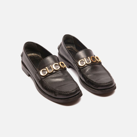 Gucci Black Leather Logo Loafers