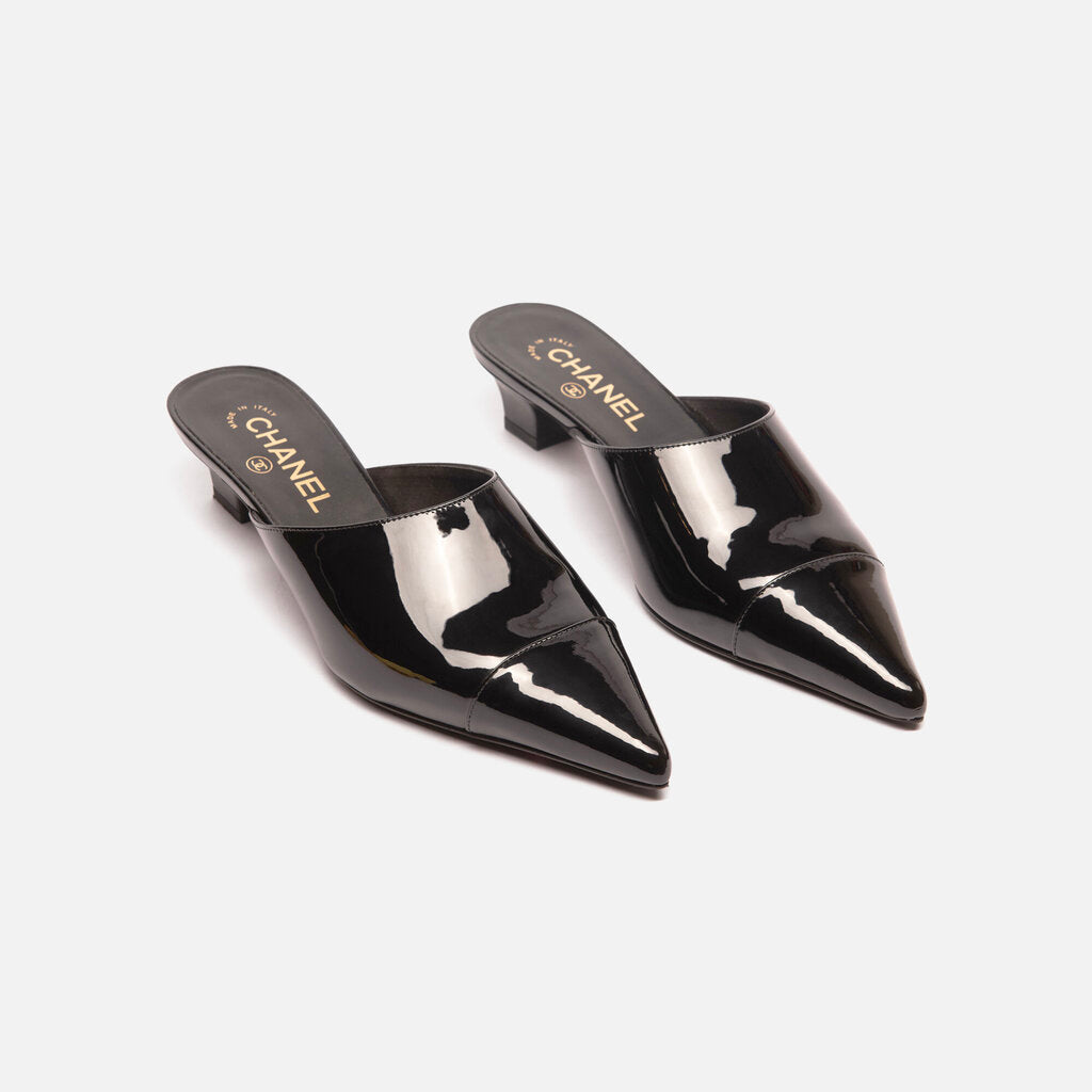 Chanel Black Patent Mules