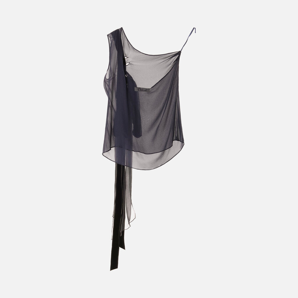 Chloe Navy Silk One-Shoulder Velvet Ribbon Top