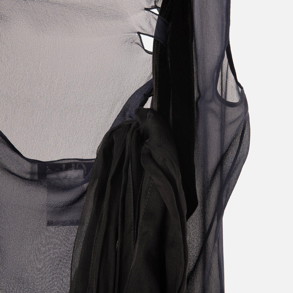 Chloe Navy Silk One-Shoulder Velvet Ribbon Top