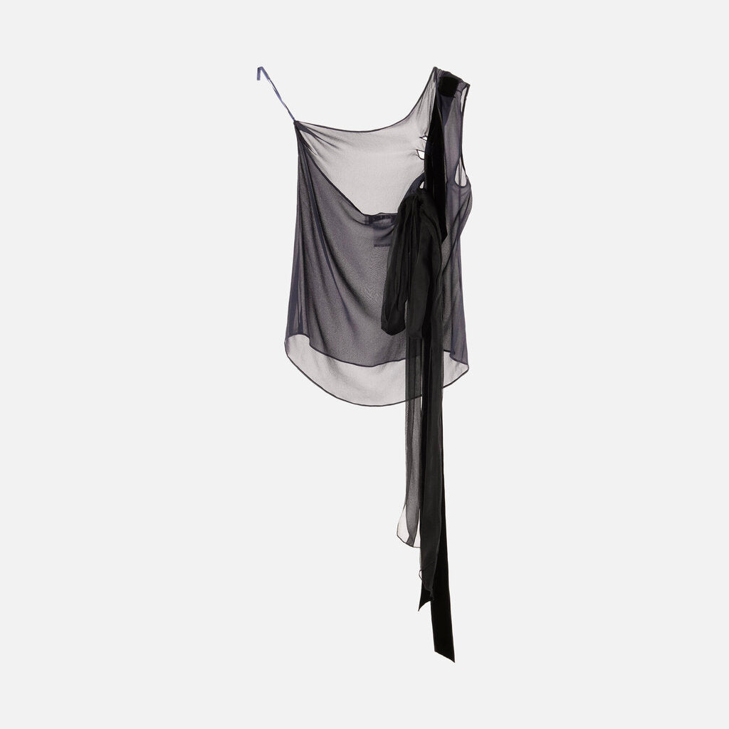 Chloe Navy Silk One-Shoulder Velvet Ribbon Top