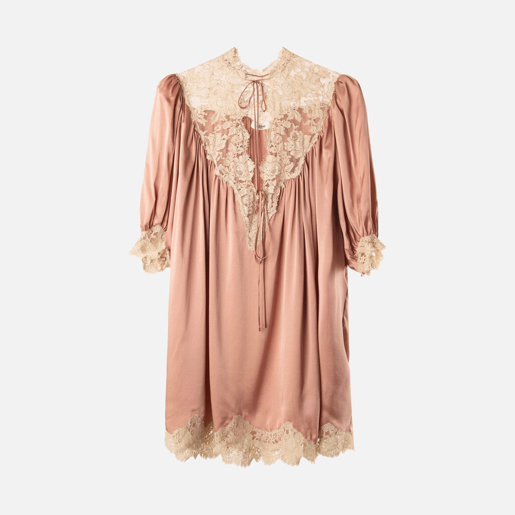 Chloe Pink Satin Lace Trim Mini Dress