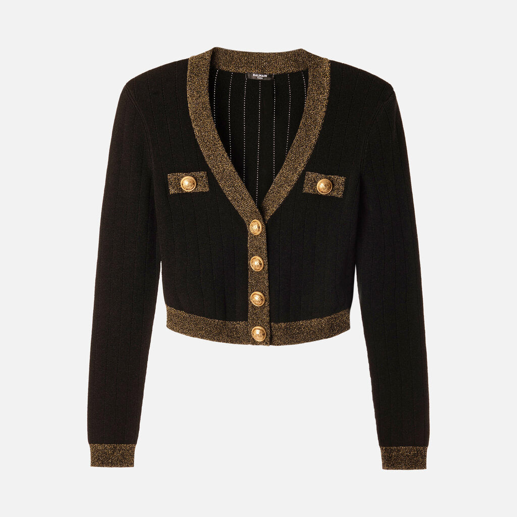 Balmain Black Gold Trim Viscose Blend Cardigan