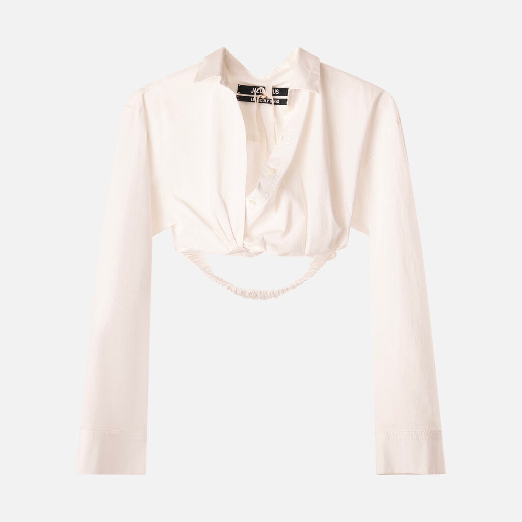 Jacquemus White Cotton Cropped Cross-Front Shirt