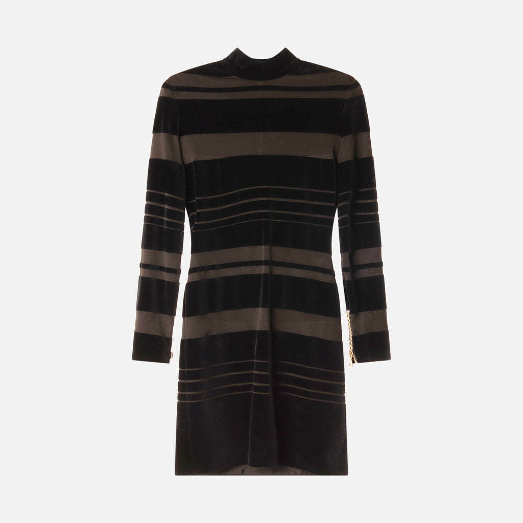 Balmain Black Cotton/Poly Stripe LS Mini Dress