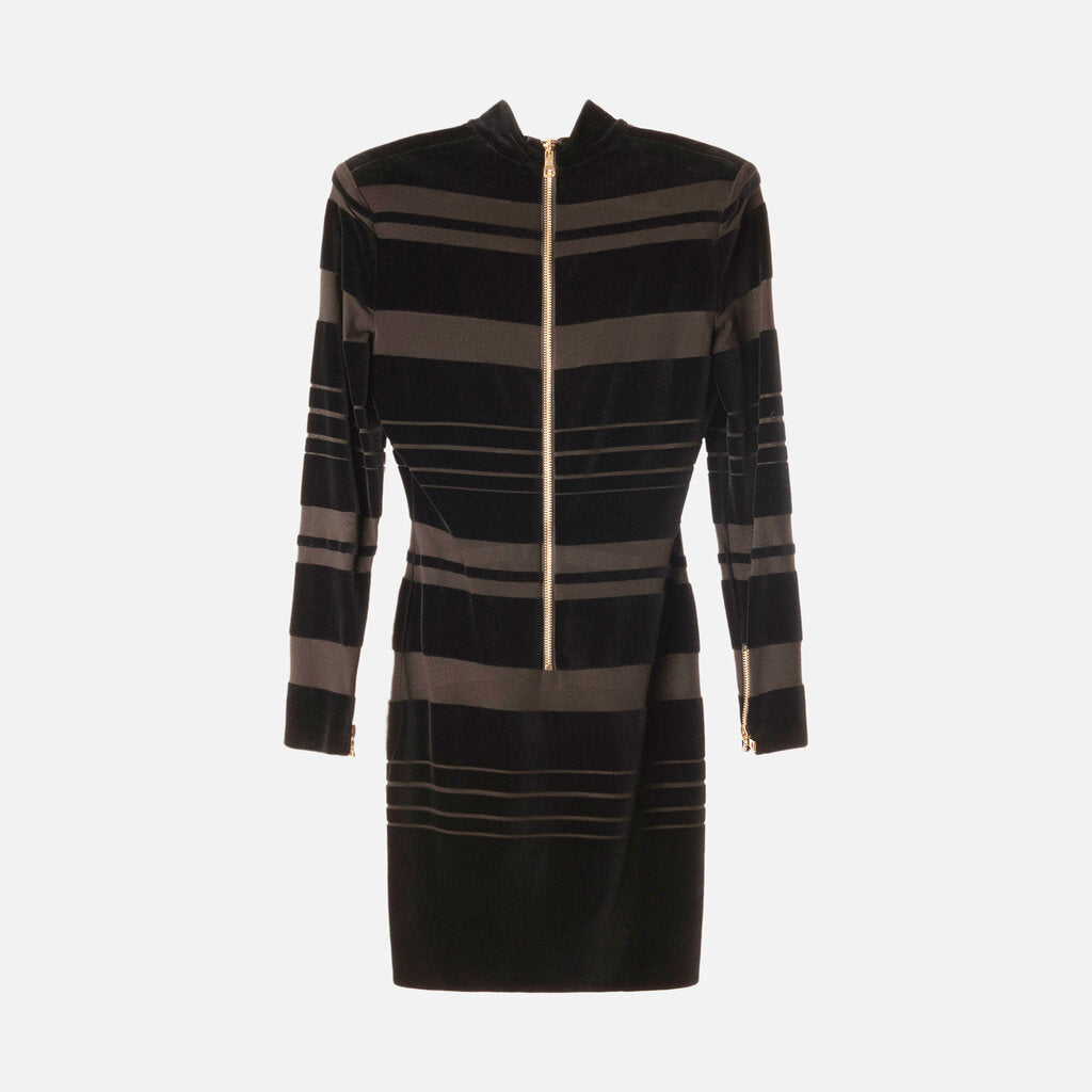 Balmain Black Cotton/Poly Stripe LS Mini Dress