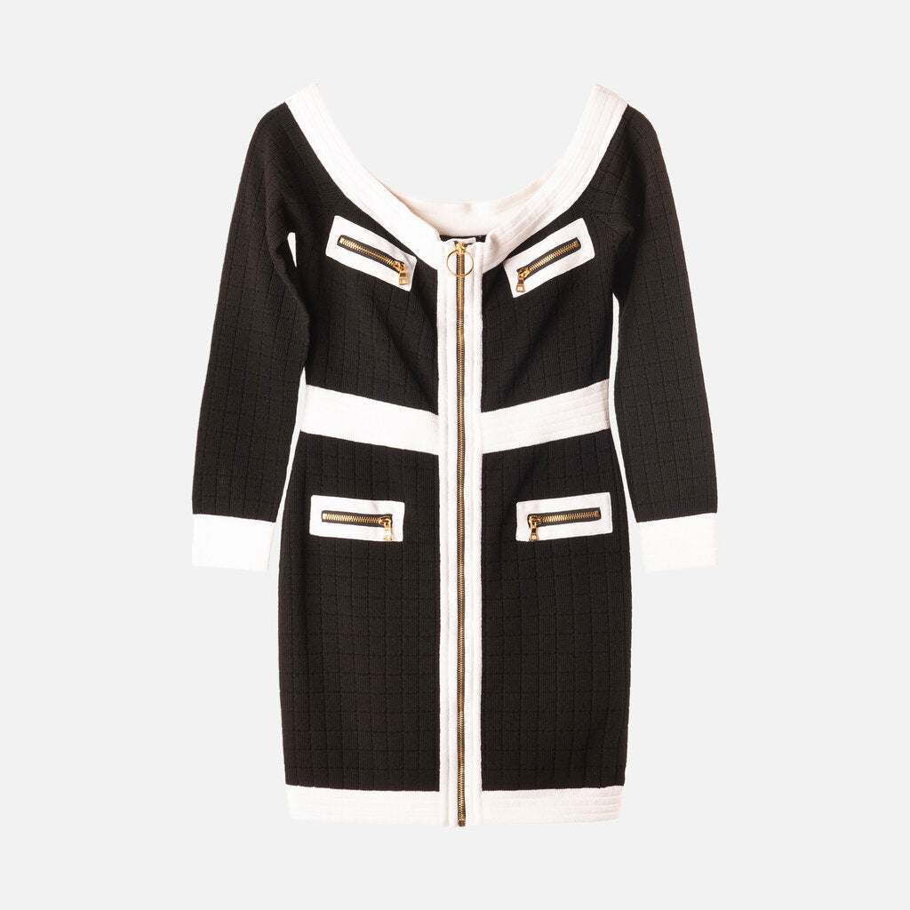 Balmain Black & White Long Sleeve Zip Front Mini Dress