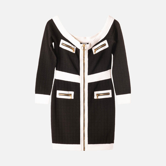 Balmain Black & White Long Sleeve Zip Front Mini Dress