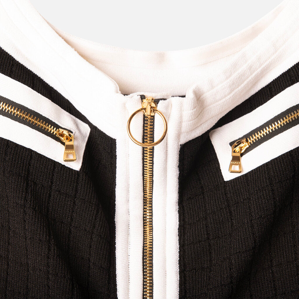 Balmain Black & White Long Sleeve Zip Front Mini Dress