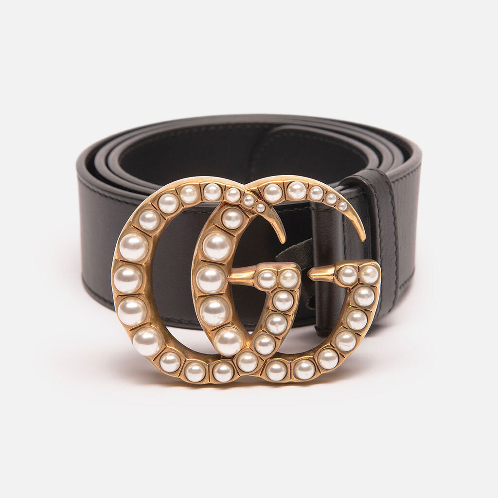 Gucci Black Leather & Pearl Logo Belt