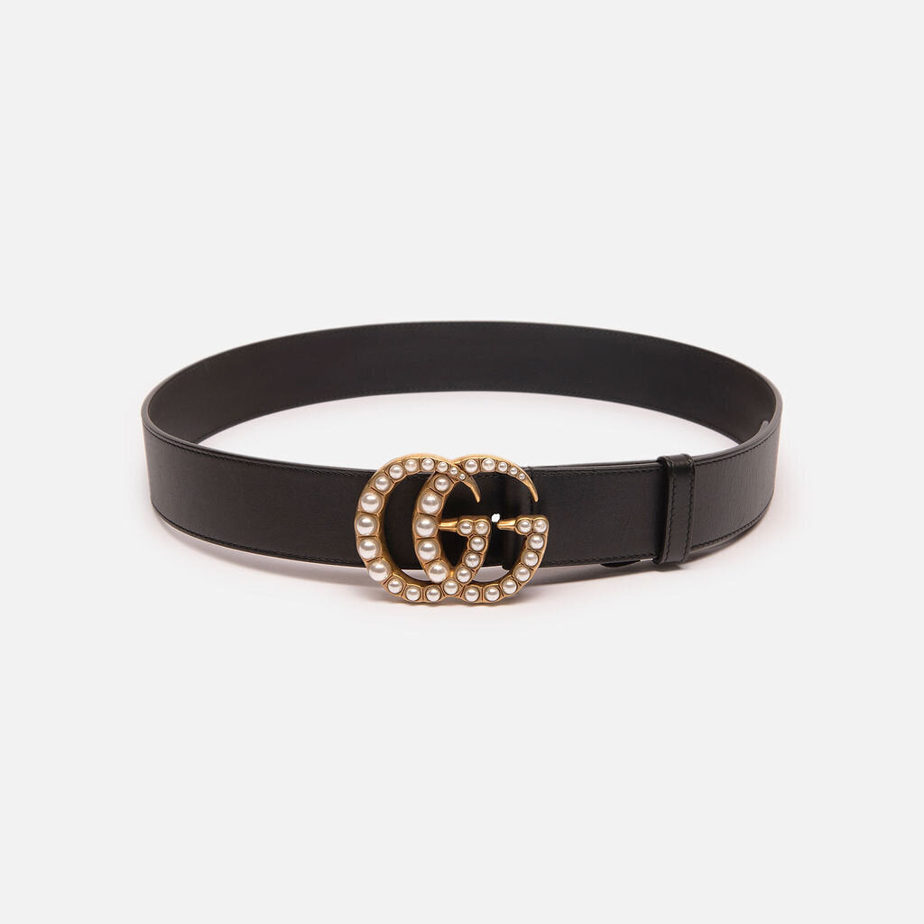Gucci Black Leather & Pearl Logo Belt