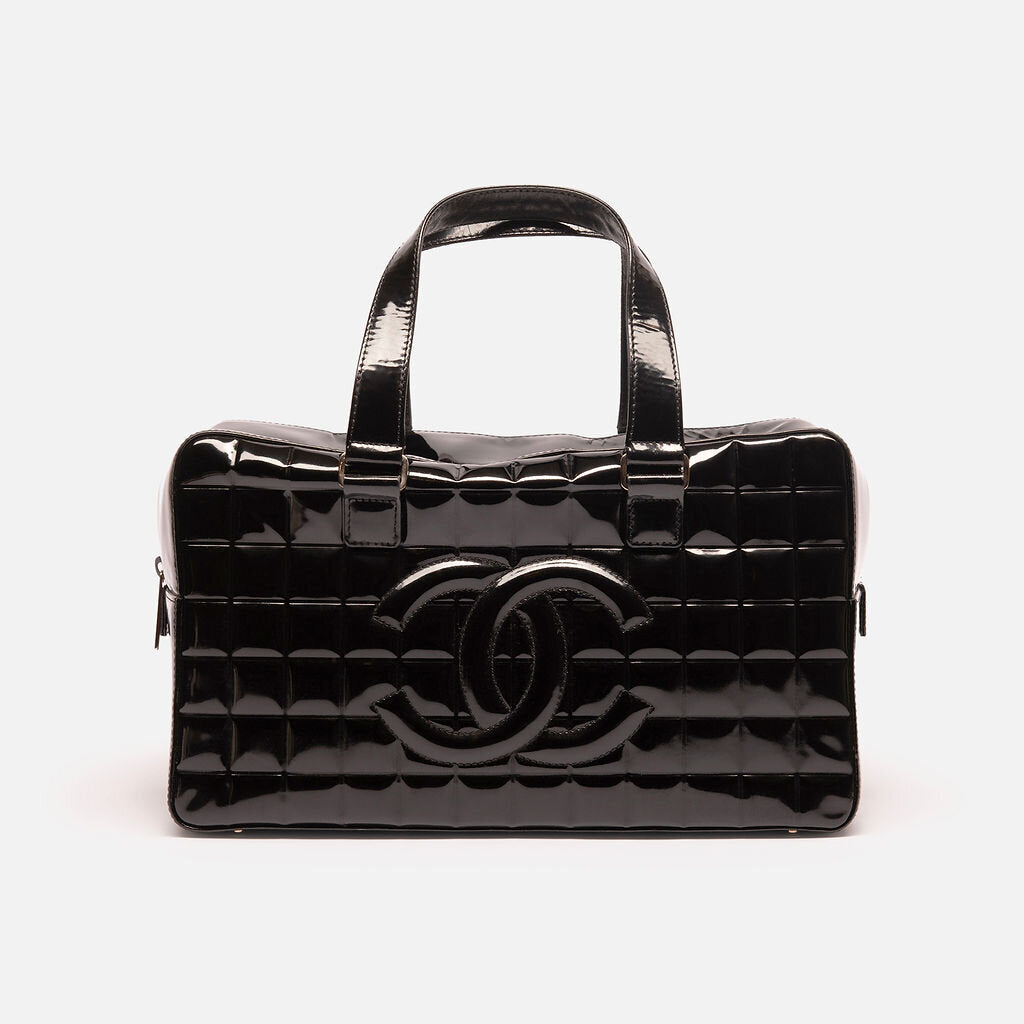 Chanel Black Patent Chocolate Bar Stitch Boston Bag