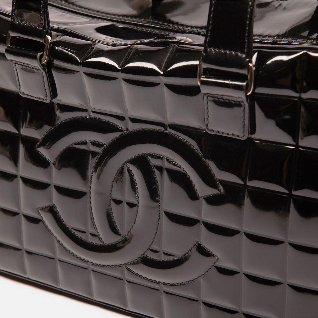 Chanel Black Patent Chocolate Bar Stitch Boston Bag