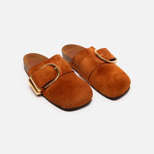 Khaite Rust Suede Mules with Gold Buckle