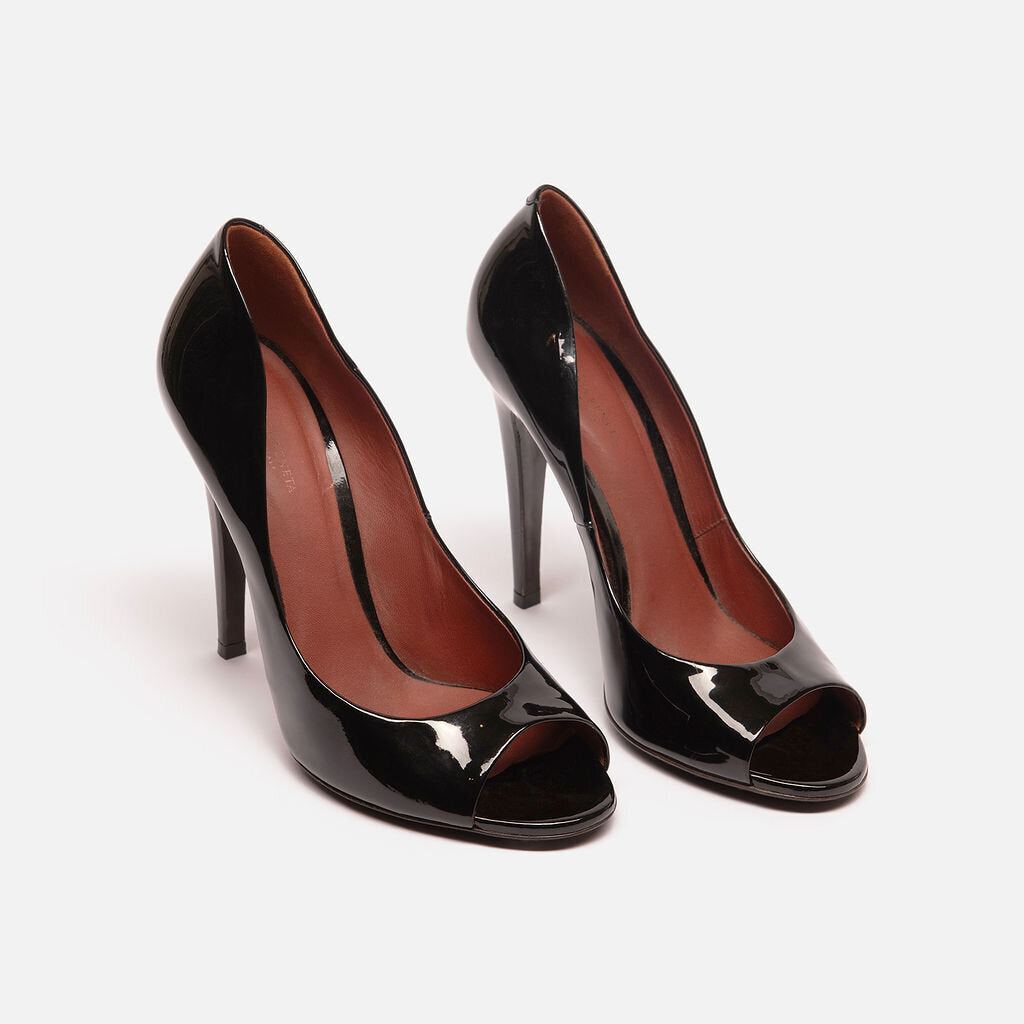Bottega Veneta Black Patent Peep Toe Pumps