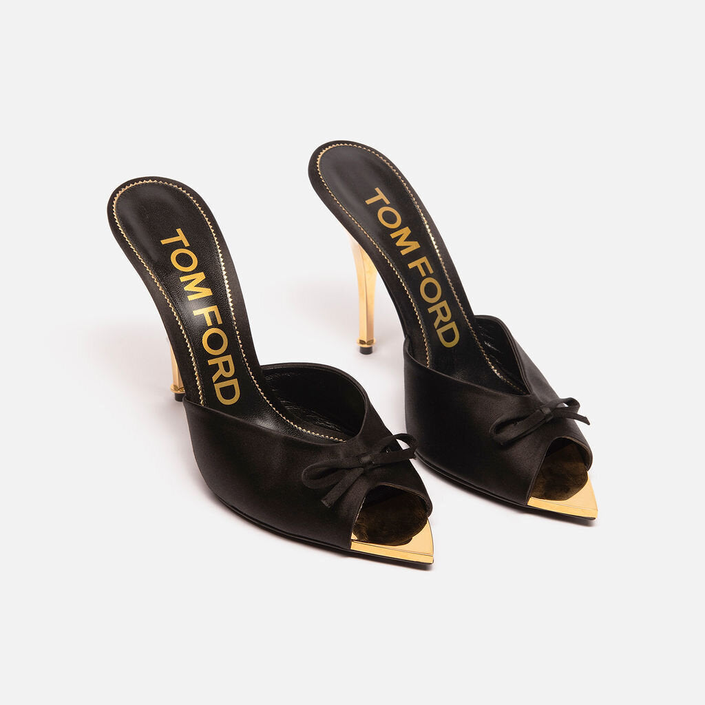 Tom Ford Black Satin Gold Heel Toe Pump