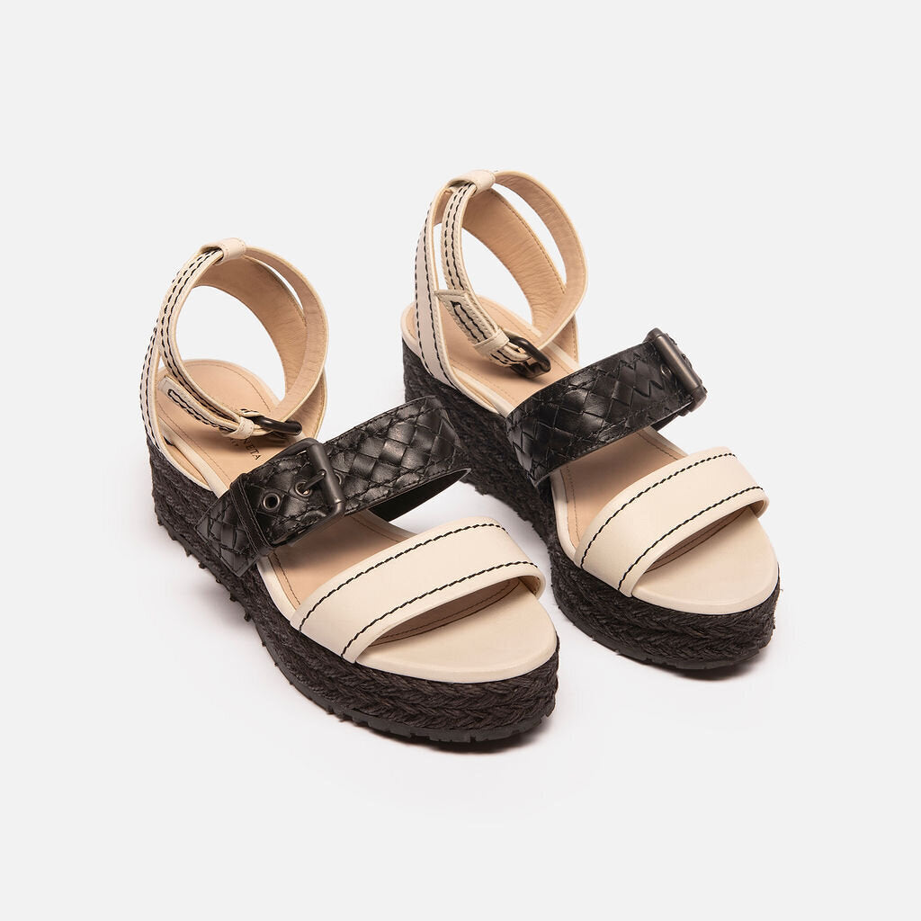 Bottega Veneta Black & White Leather Three Strap Sandal