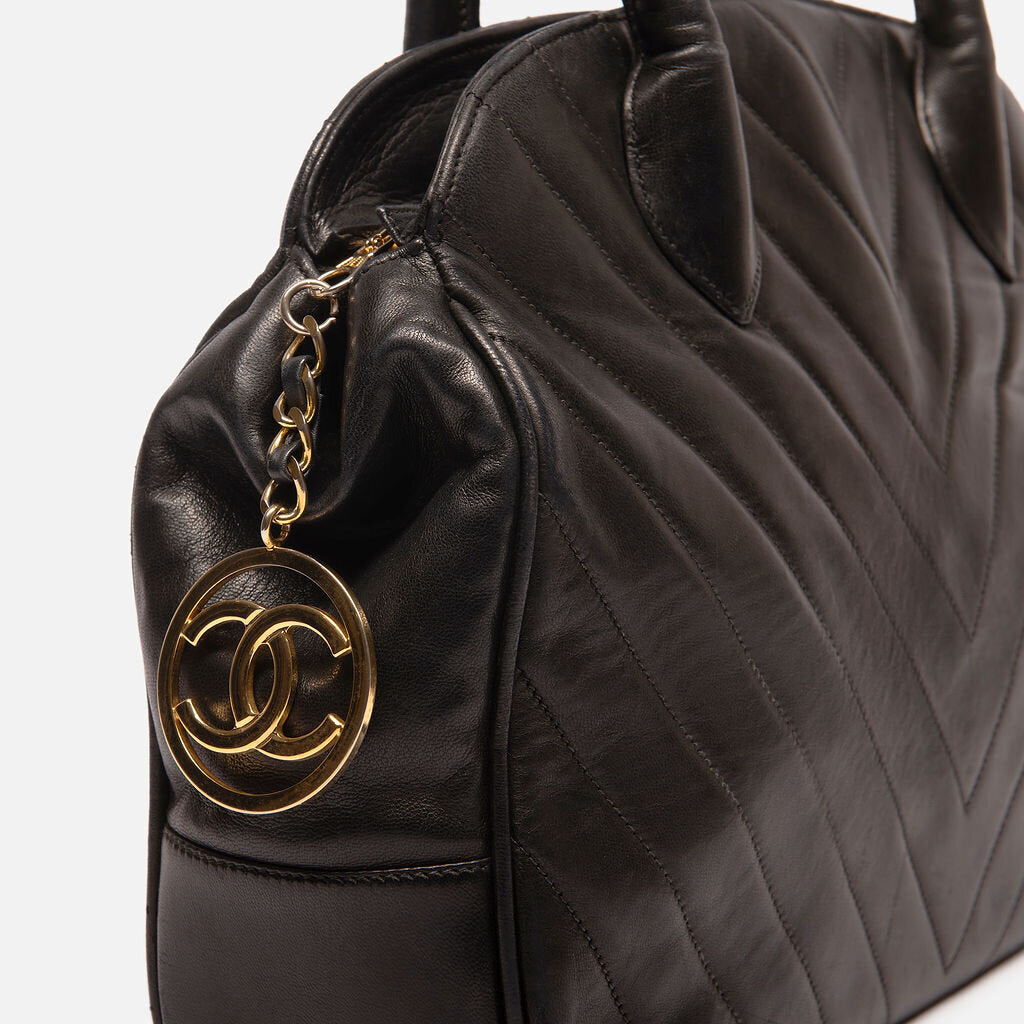 Chanel Black Chevron Bowler Style Bag