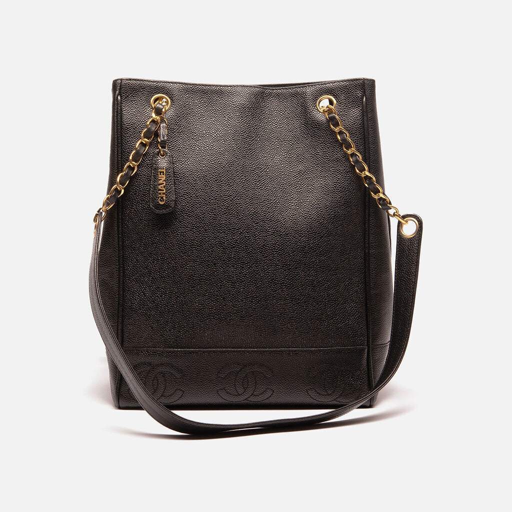 Chanel Vintage Black Caviar Vertical Tote with Long Shoulder Strap