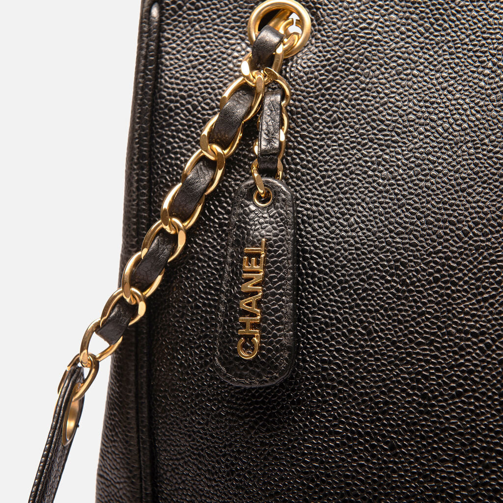 Chanel Vintage Black Caviar Vertical Tote with Long Shoulder Strap
