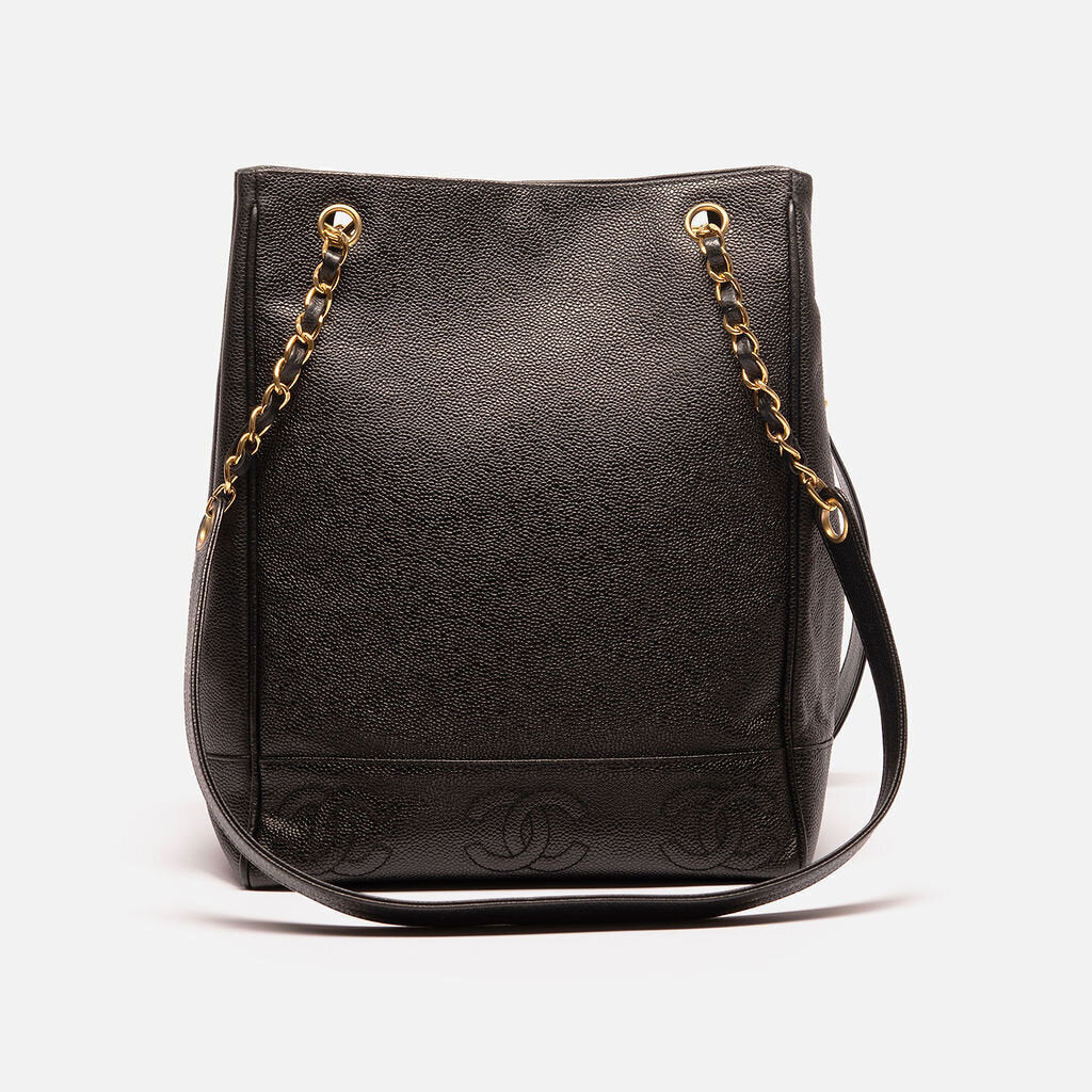 Chanel Vintage Black Caviar Vertical Tote with Long Shoulder Strap