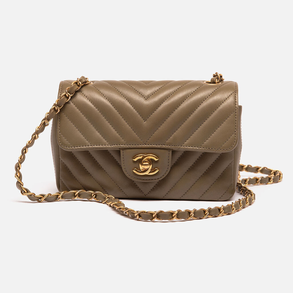 Chanel Chevron Dark Olive Edge Stitched Mini Rectangle