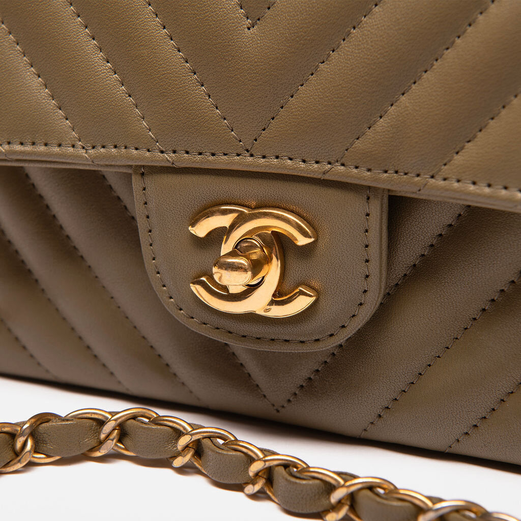 Chanel Chevron Dark Olive Edge Stitched Mini Rectangle