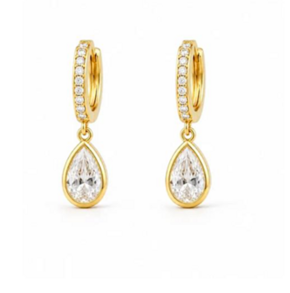 Pear Cut CZ Drop Huggie Earrings YG