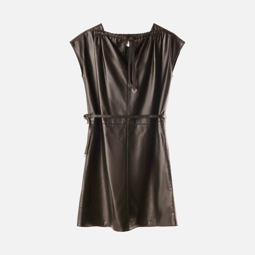 Hermes Black Leather Belted Sleeveless Dress