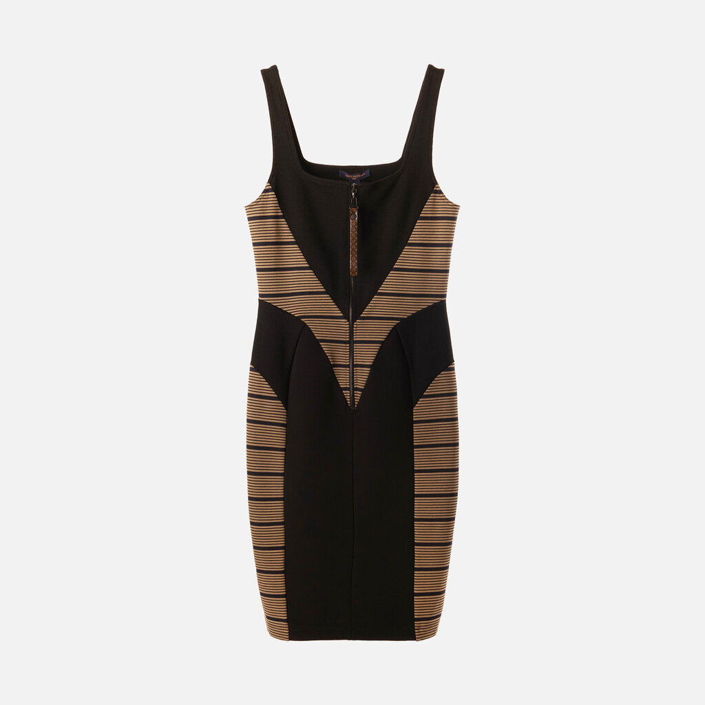 Louis Vuitton Black & Tan Viscose Blend Striped Dress